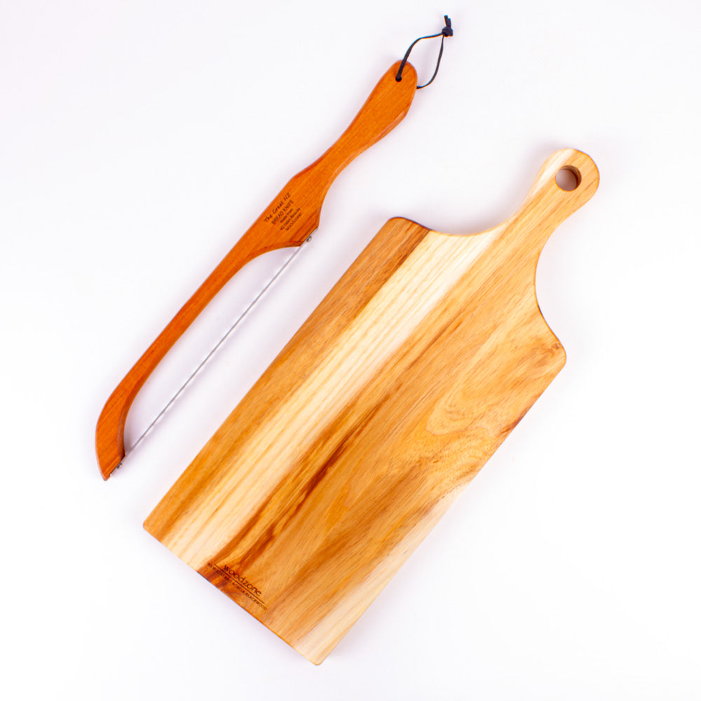 The Great NZ Bread Knife and Handle Board Set - Blonde Acacia Blackwood with Rimu Bread Knife