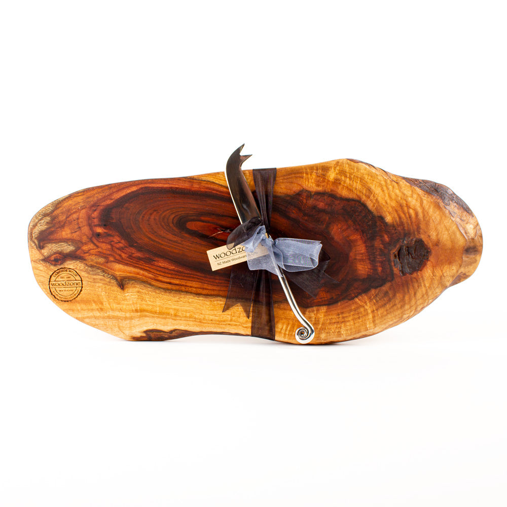 Camphor Wood Rustic Natural Edge Board and Knife Set 750
